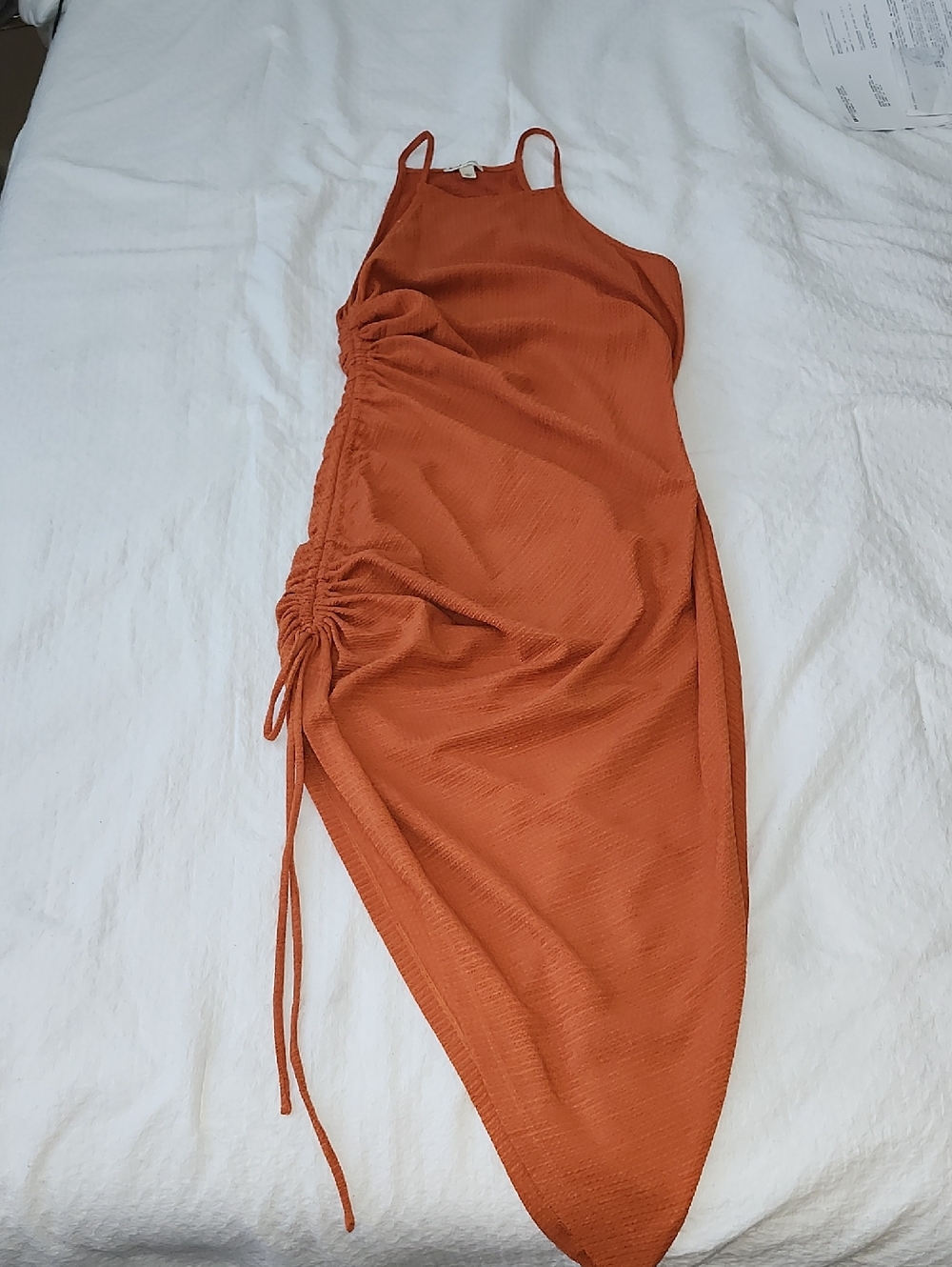 Derek Heart Copper Asymmetrical Ruched Midi Dress
